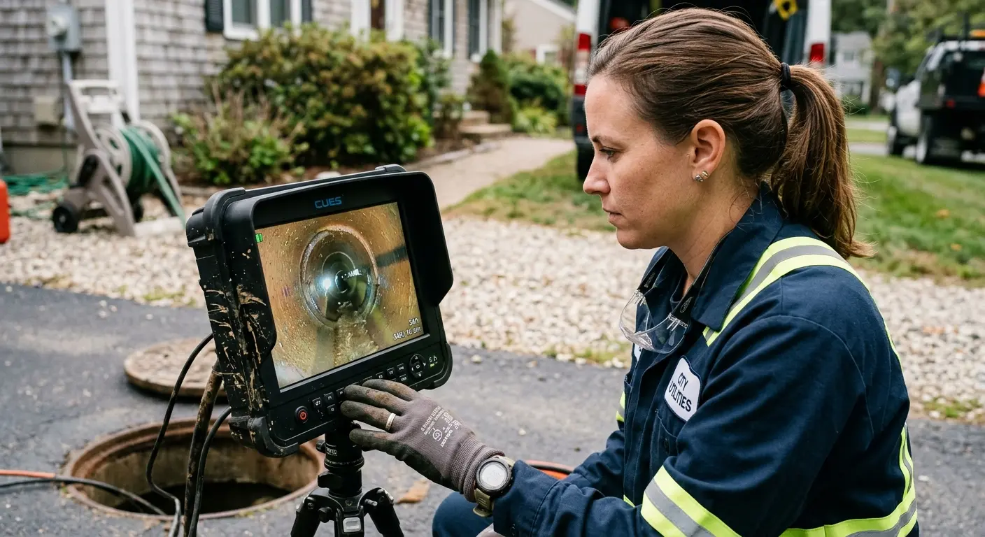 Technician reviewing sewer camera inspection footage in Aberdeen